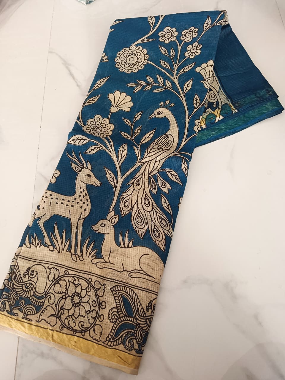 Teal Deer & Peacock Kalamkari Cotton Saree