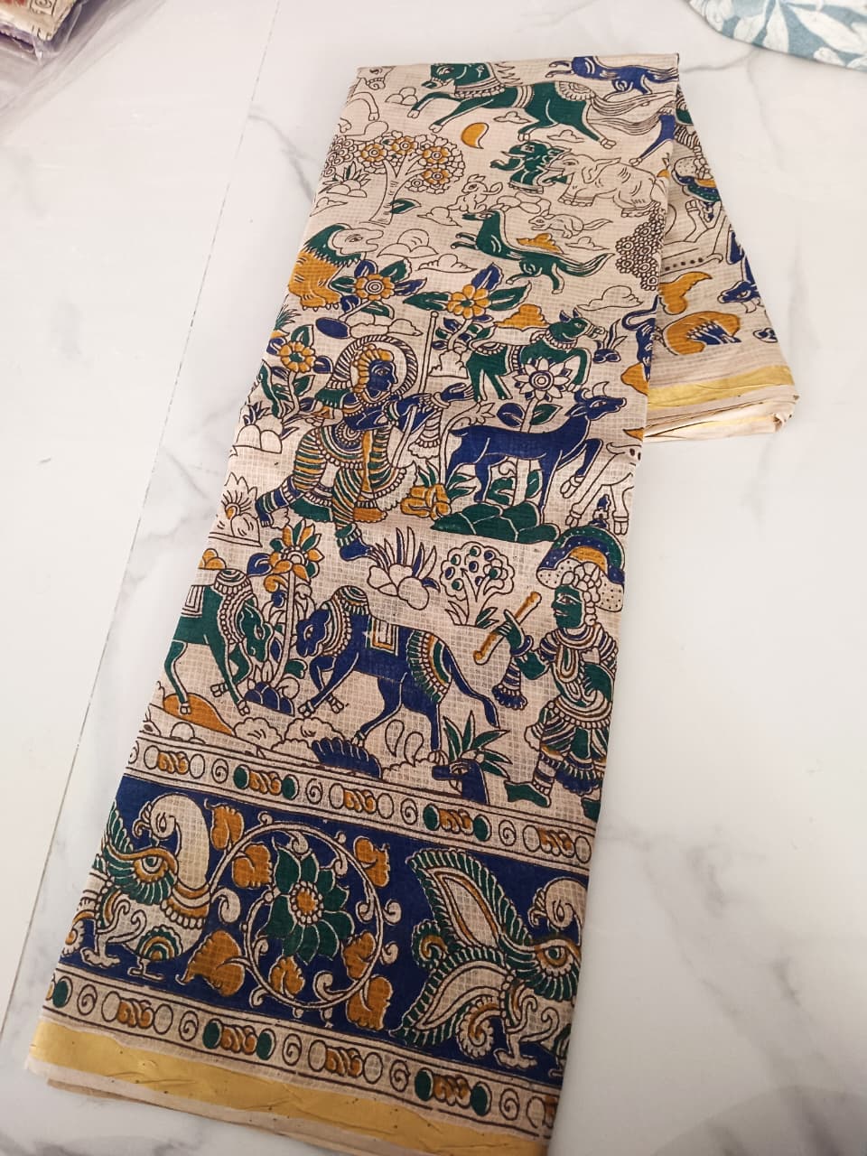 Cream Mythological Kalamkari Cotton Saree