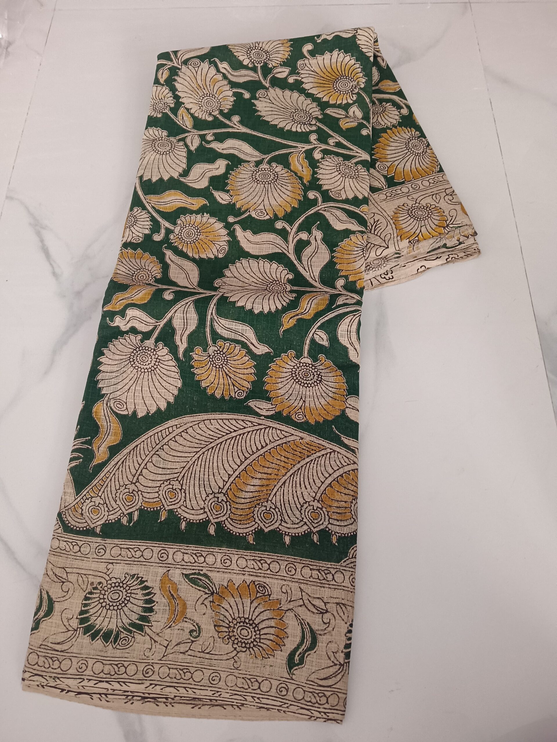Dark Green Sunflower Kalamkari Cotton Saree