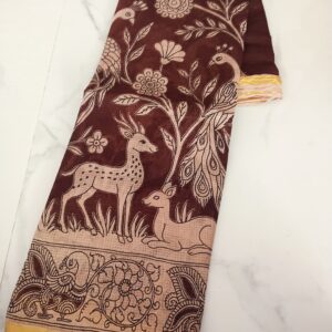 Dark Brown Deer & Peacock Kalamkari Cotton Saree