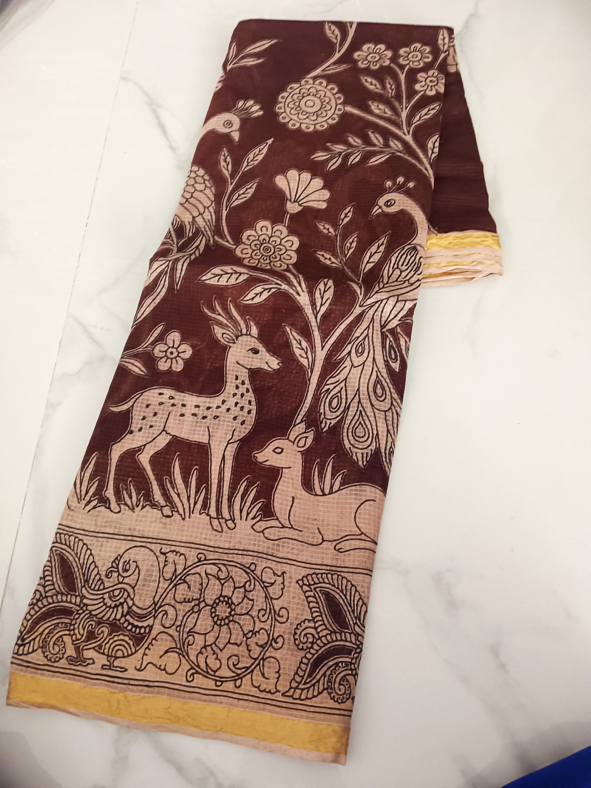 Dark Brown Deer & Peacock Kalamkari Cotton Saree