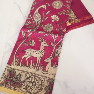 Magenta Pink Deer & Peacock Kalamkari Cotton Saree