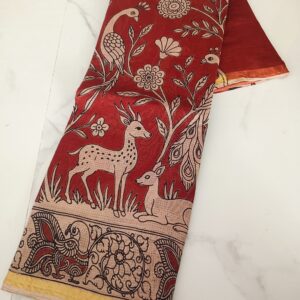 Red Deer & Peacock Kalamkari Cotton Saree