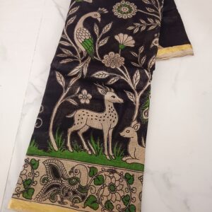 Black & Green Deer & Peacock Kalamkari Cotton Saree