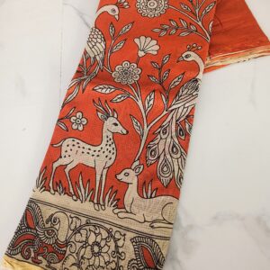 Orange Deer & Peacock Kalamkari Cotton Saree
