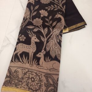 Black & Beige Deer & Peacock Kalamkari Cotton Saree