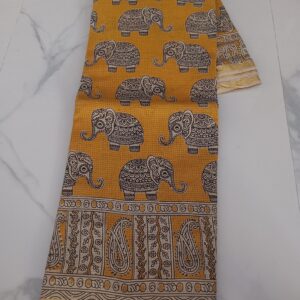 Mustard Elephant Kalamkari Cotton Saree