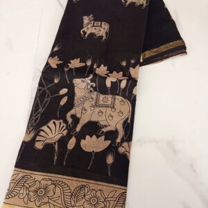 Black Nandi Cow Lotus Kalamkari Saree