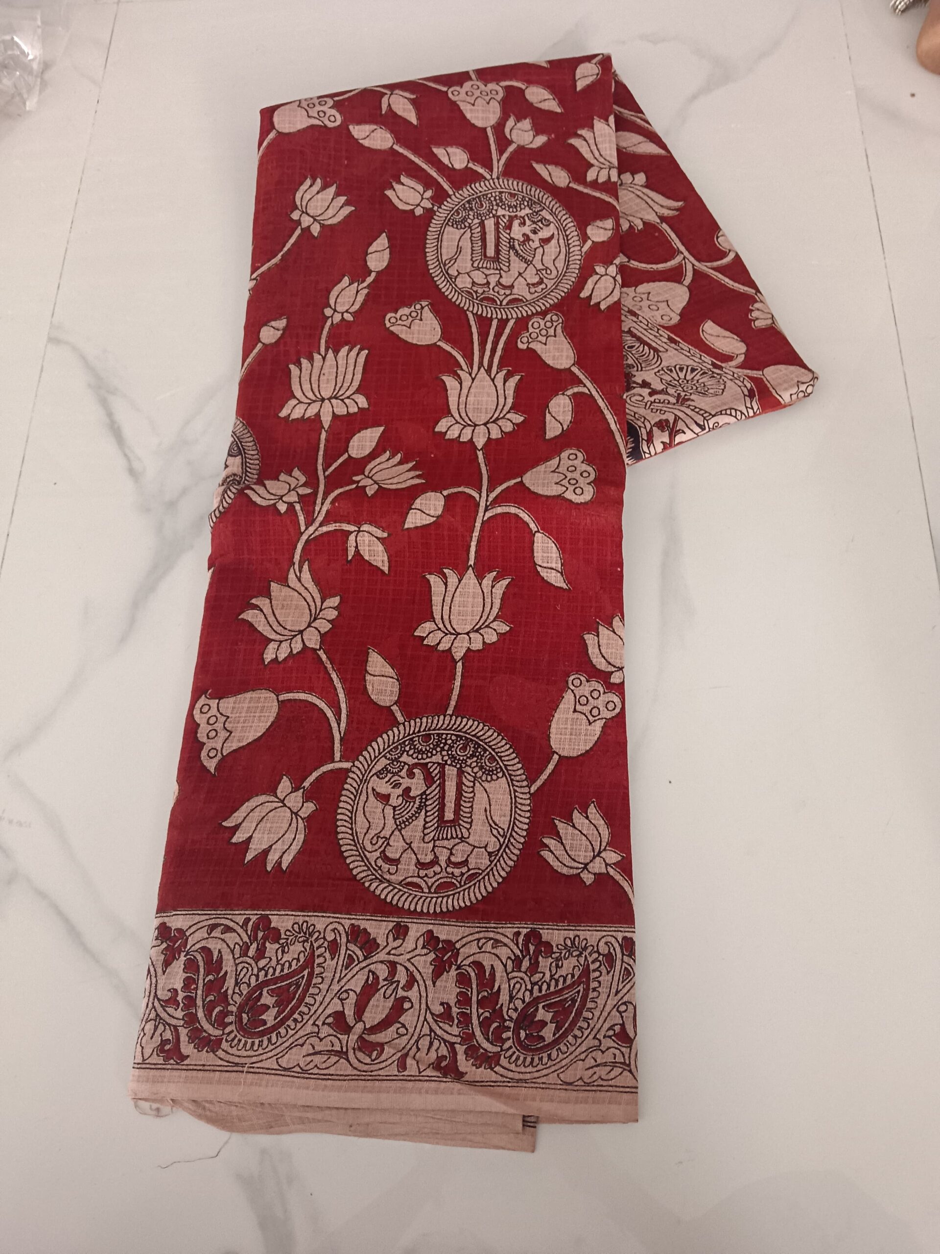 Red Lotus Elephant Medallion Kalamkari Saree