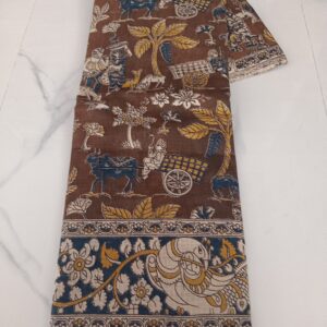 Brown Village Bullock Cart Kalamkari Saree