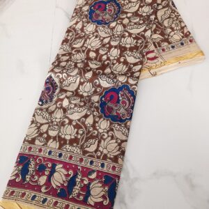 Brown Lotus Peacock Kalamkari Saree