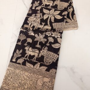 Black Village Bullock Cart Kalamkari Saree