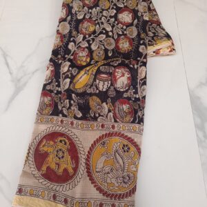 Black Medallion Animals Kalamkari Saree