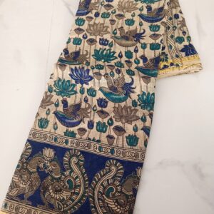 Cream Blue Lotus Duck Kalamkari Cotton Saree