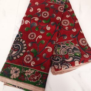 Red Scroll Elephant Kalamkari Cotton Saree
