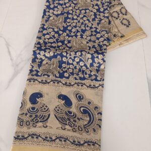 Navy Blue Peacock Vine Kalamkari Saree