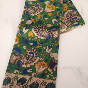Green Bird Flower Kalamkari Cotton Saree