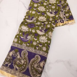 Olive Green Lotus Duck Kalamkari Cotton Saree