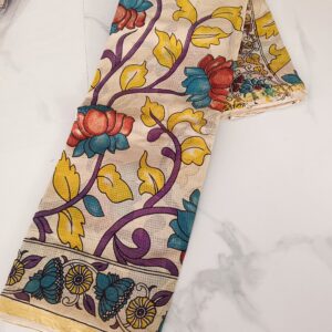 Cream Multicolour Lotus Vine Kalamkari Saree