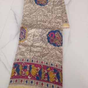 Cream Lotus Peacock Kalamkari Saree