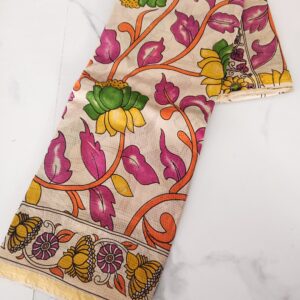 Cream Pink Lotus Vine Kalamkari Saree