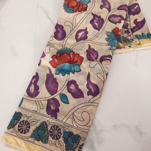 Cream Purple Lotus Vine Kalamkari Saree