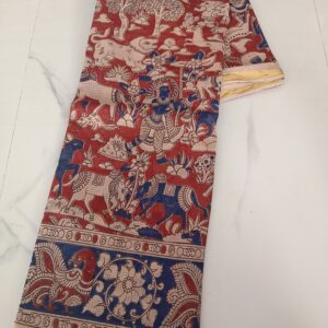 Red Krishna Mythological Kalamkari Saree