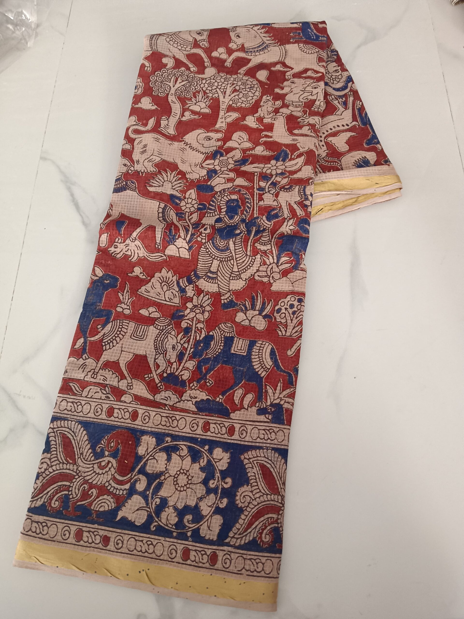 Red Krishna Mythological Kalamkari Saree