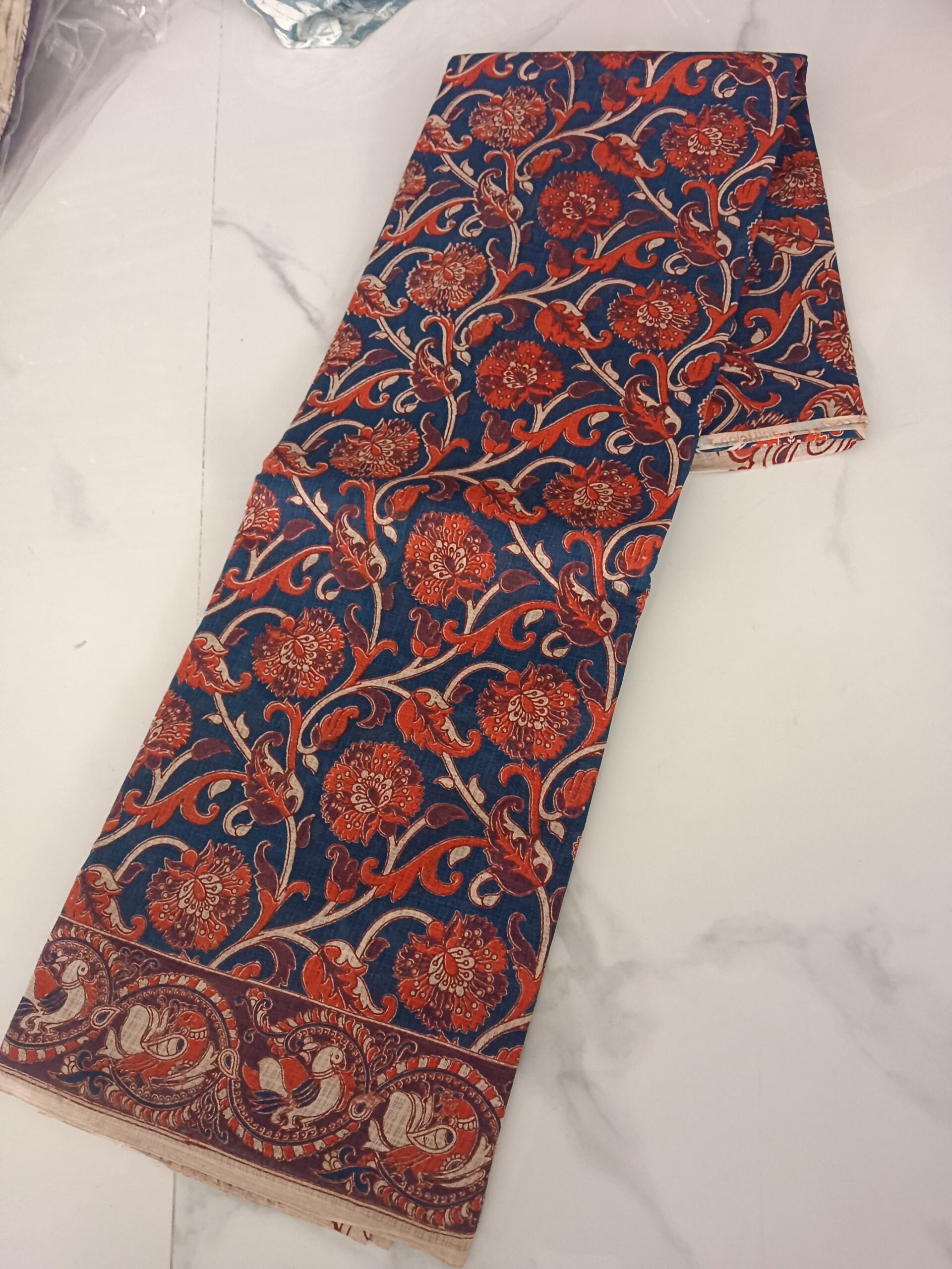 Navy Blue Chrysanthemum Floral Kalamkari Saree