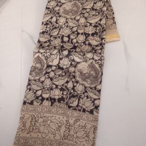 Black Lotus Peacock Kalamkari Cotton Saree