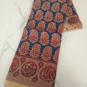 Blue Paisley Peacock Elephant Kalamkari Saree