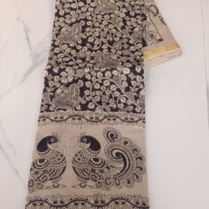 Black Peacock Vine Kalamkari Cotton Saree