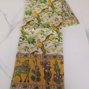 Cream Yellow Bird on Branch Kalamkari Saree